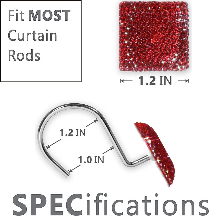 Popkozzi Red Shower Curtain Hooks Rings: Bling Glitter Sparkle Shiny Square Crystal Diamond Decorative Shower Curtain Rings - Luxury Fancy Christmas Holiday Curtain Hooks & Hangers for Bathroom - Set of 12 - Image 3